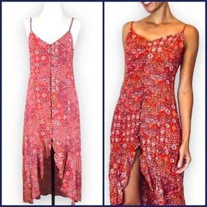 Abel The Label Women's Tangerine Red Lola Floral Ruffle Hem High Low Dress Sz S